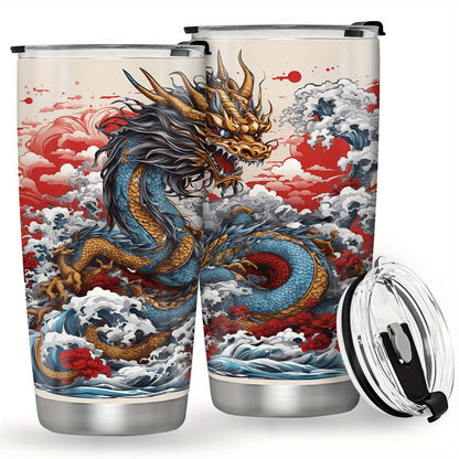 20oz Stainless Steel Vacuum Insulated Flask - Leak Proof, BPA Free, Portable Travel Coffee Mug for Climbing, Iced Tea Compatible, Machine Washable Fantasy Dragon Themed Cup for Holiday Gifts, Flasks