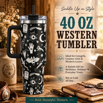Witchy Gothic 40oz Stainless Steel Insulated Tumbler with Handle and Straw, Black White Moon Star Eye Skull 2D Printed Travel Cup, Halloween Gift