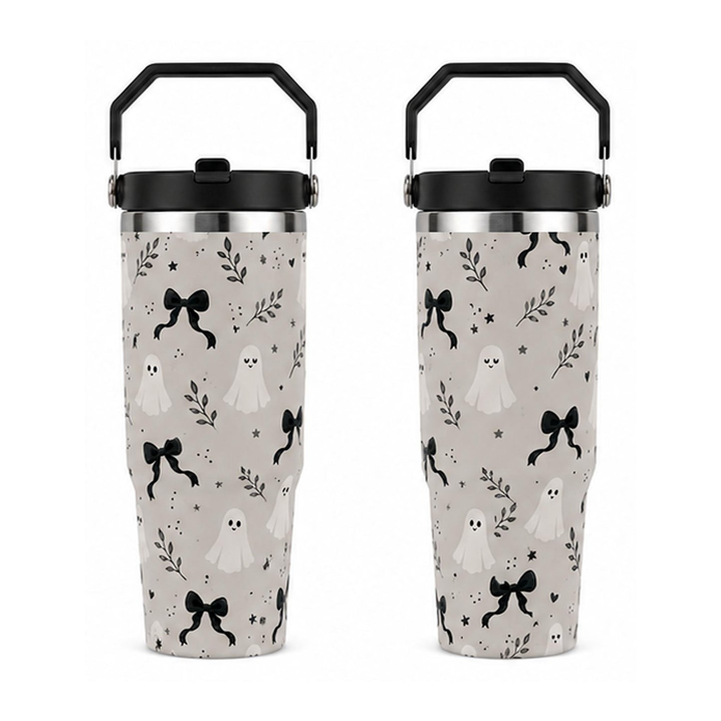 Women's 30oz Cylindrical Halloween Stainless Steel Insulated Flask - Handle, Lid, Straw, Cute Ghost & Black Bow Print, Single Unit Travel Insulated Mug, Fall Spooky Season Gift, Flasks, Cylindrical Tumbler