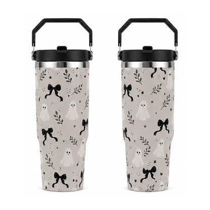 Women's 30oz Cylindrical Halloween Stainless Steel Insulated Flask - Handle, Lid, Straw, Cute Ghost & Black Bow Print, Single Unit Travel Insulated Mug, Fall Spooky Season Gift, Flasks, Cylindrical Tumbler