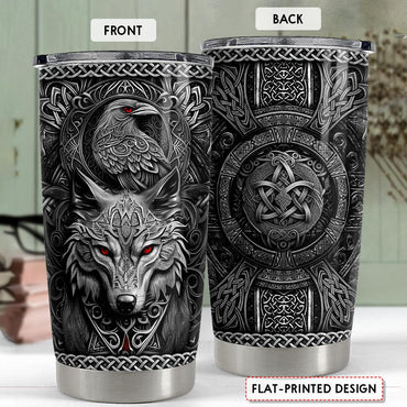 Viking Wolf artwork on 20oz insulated tumbler, front and back product view