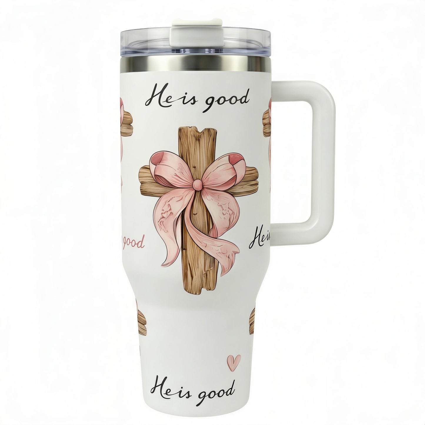 40oz Christian Faith Insulated Mug with Handle and Straw Lid, He Is Good Cross Print, Double Wall Vacuum Thermal Mug for Hot and Cold Drinks, Large Capacity Car Travel Mug, Coffee Thermal Cup, Ideal Gift for Believers