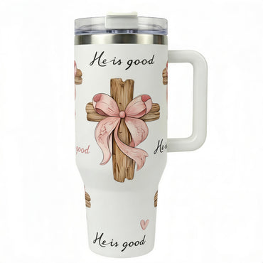40oz Christian Faith Insulated Mug with Handle and Straw Lid, He Is Good Cross Print, Double Wall Vacuum Thermal Mug for Hot and Cold Drinks, Large Capacity Car Travel Mug, Coffee Thermal Cup, Ideal Gift for Believers