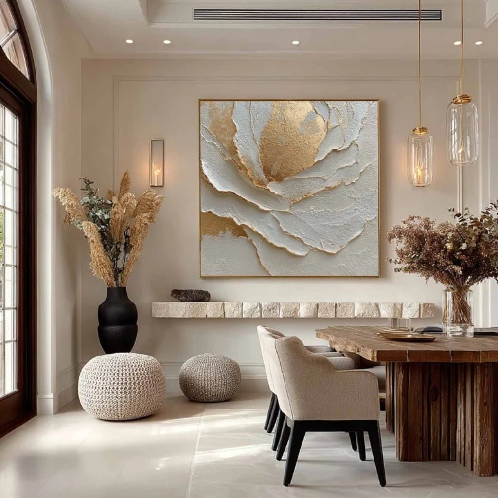 Textured Cream & Gold Abstract Flower Painting CZ0030 - Viral Wall Art