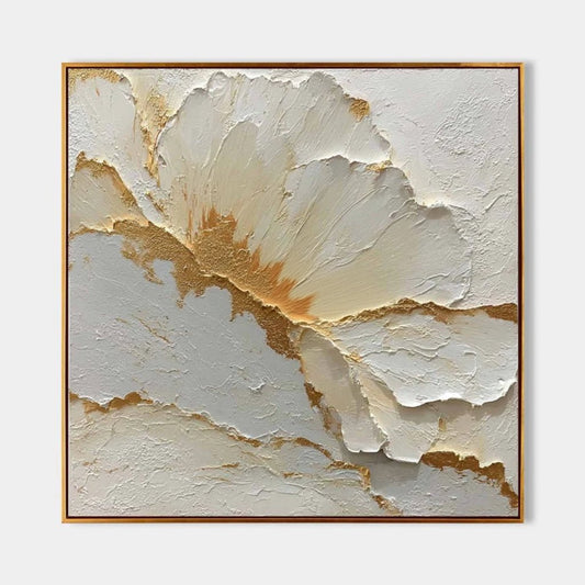 3D Heavy Texture White & Gold Leaf Floral Oil Painting CZ0106 - Viral Wall Art