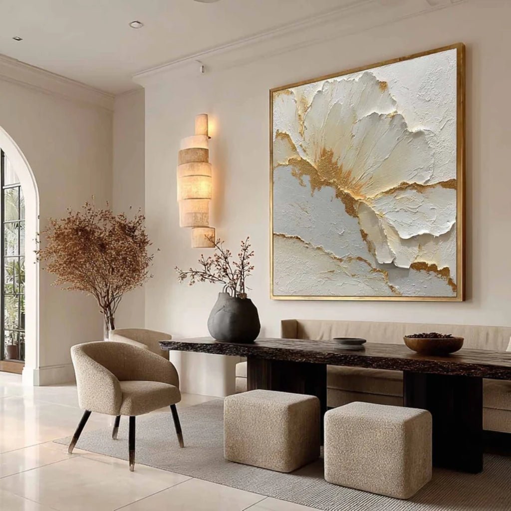 3D Heavy Texture White & Gold Leaf Floral Oil Painting CZ0106 - Viral Wall Art