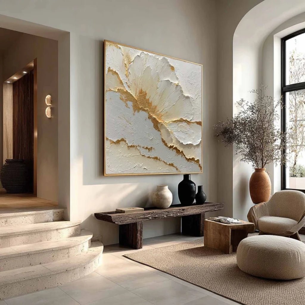 3D Heavy Texture White & Gold Leaf Floral Oil Painting CZ0106 - Viral Wall Art