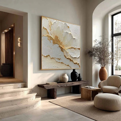 3D Heavy Texture White & Gold Leaf Floral Oil Painting CZ0106 - Viral Wall Art
