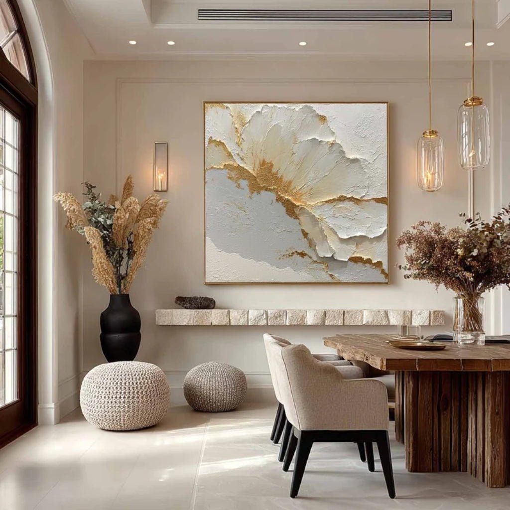 3D Heavy Texture White & Gold Leaf Floral Oil Painting CZ0106 - Viral Wall Art