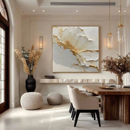 3D Heavy Texture White & Gold Leaf Floral Oil Painting CZ0106 - Viral Wall Art