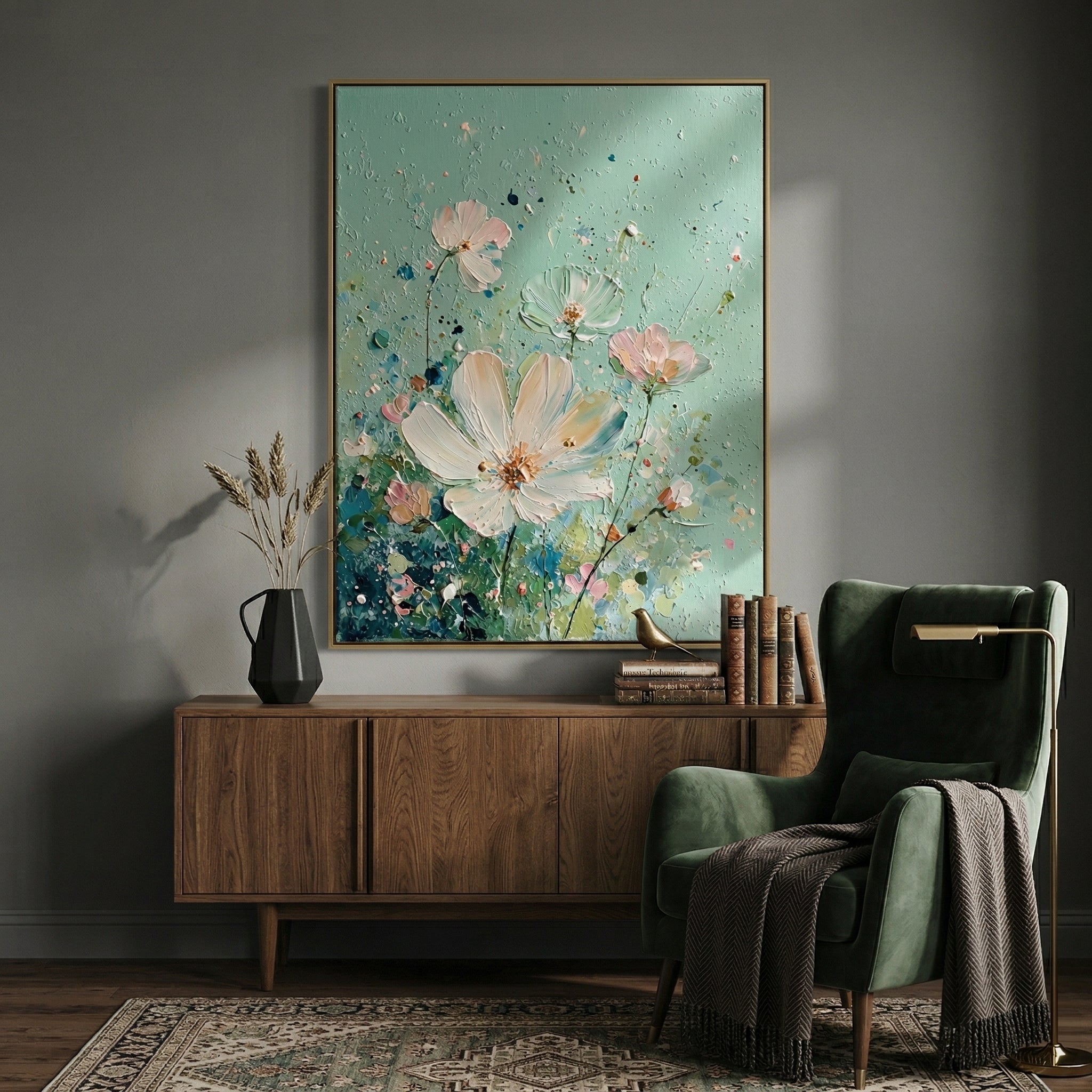3D Heavy Texture Sage Green Floral Oil Painting CZ0110 - Viral Wall Art