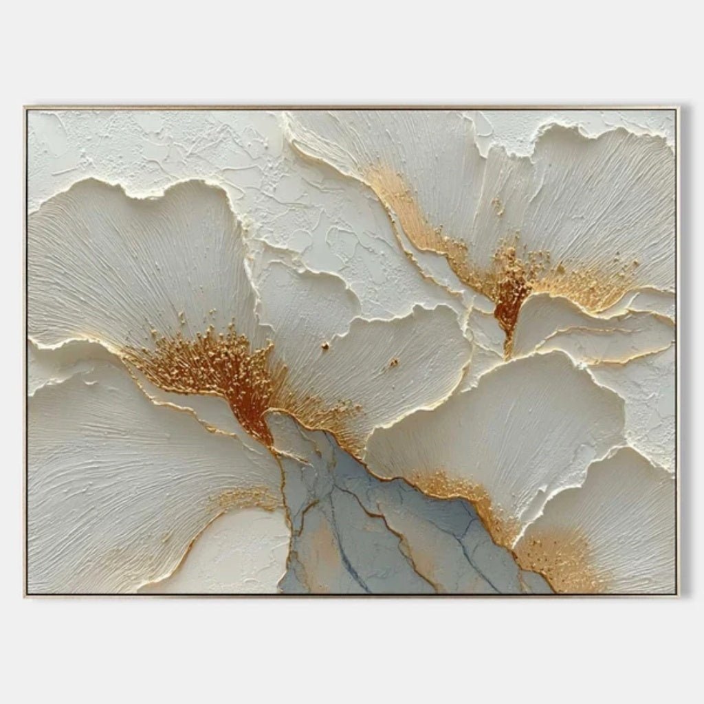 3D Heavy Texture White & Gold Leaf Abstract Oil Painting CZ0118 - Viral Wall Art
