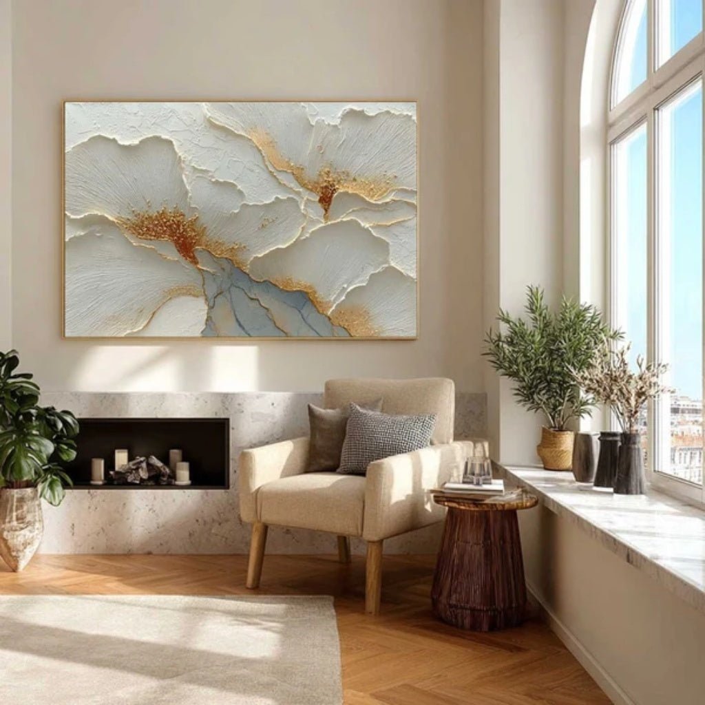 3D Heavy Texture White & Gold Leaf Abstract Oil Painting CZ0118 - Viral Wall Art