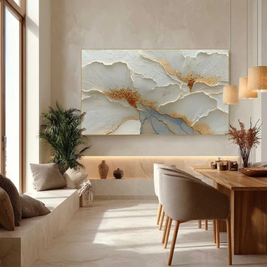 3D Heavy Texture White & Gold Leaf Abstract Oil Painting CZ0118 - Viral Wall Art