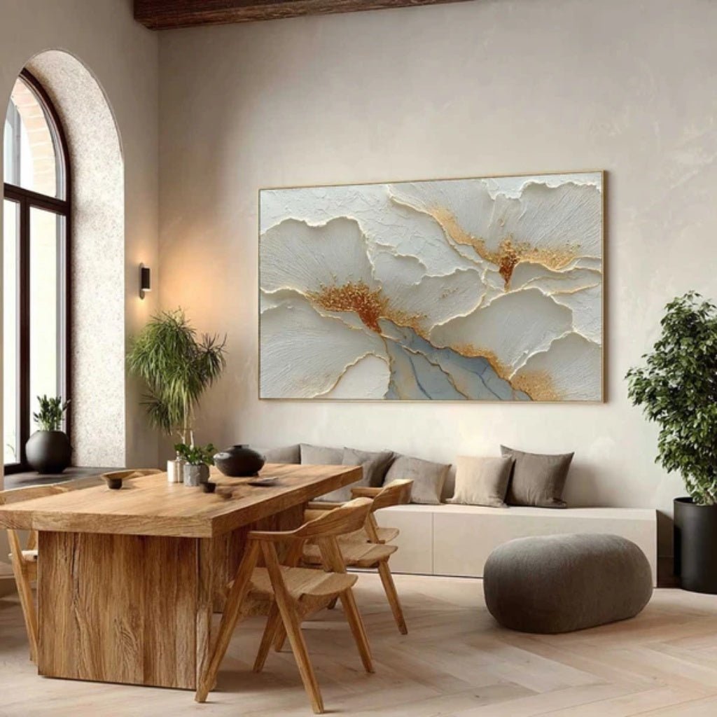 3D Heavy Texture White & Gold Leaf Abstract Oil Painting CZ0118 - Viral Wall Art