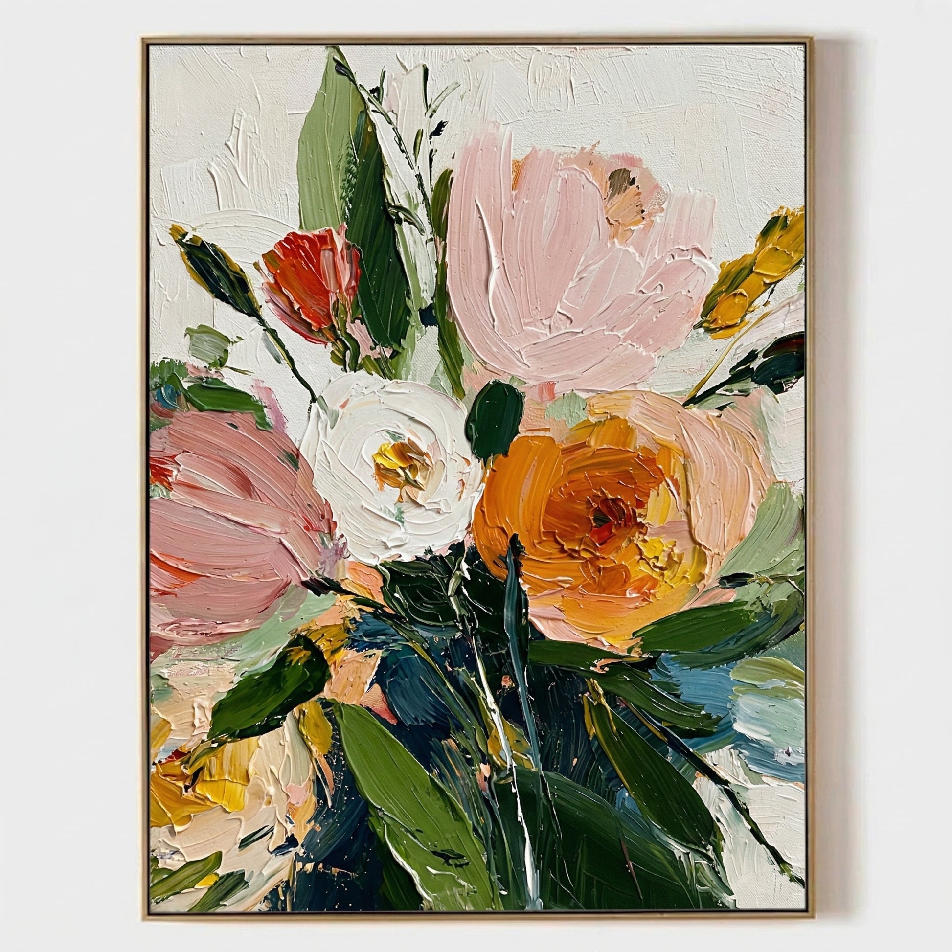 Original 3D heavy texture floral oil painting "Spring Radiance" with sculptural impasto petals in orange and pink on white background.