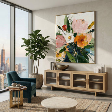 Original 3D heavy texture floral oil painting "Spring Radiance" with sculptural impasto petals in orange and pink on white background.