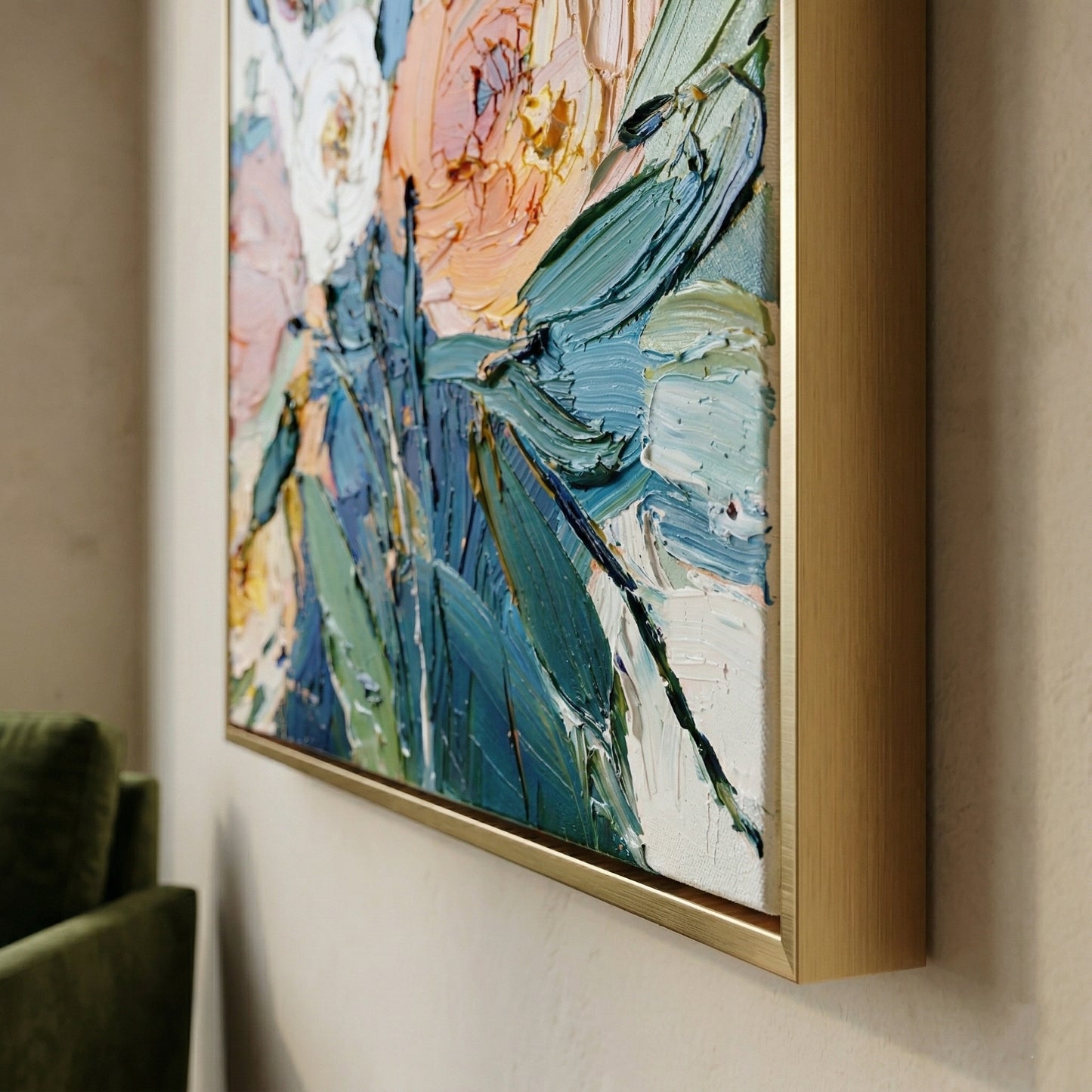 Original 3D heavy texture floral oil painting "Spring Radiance" with sculptural impasto petals in orange and pink on white background.