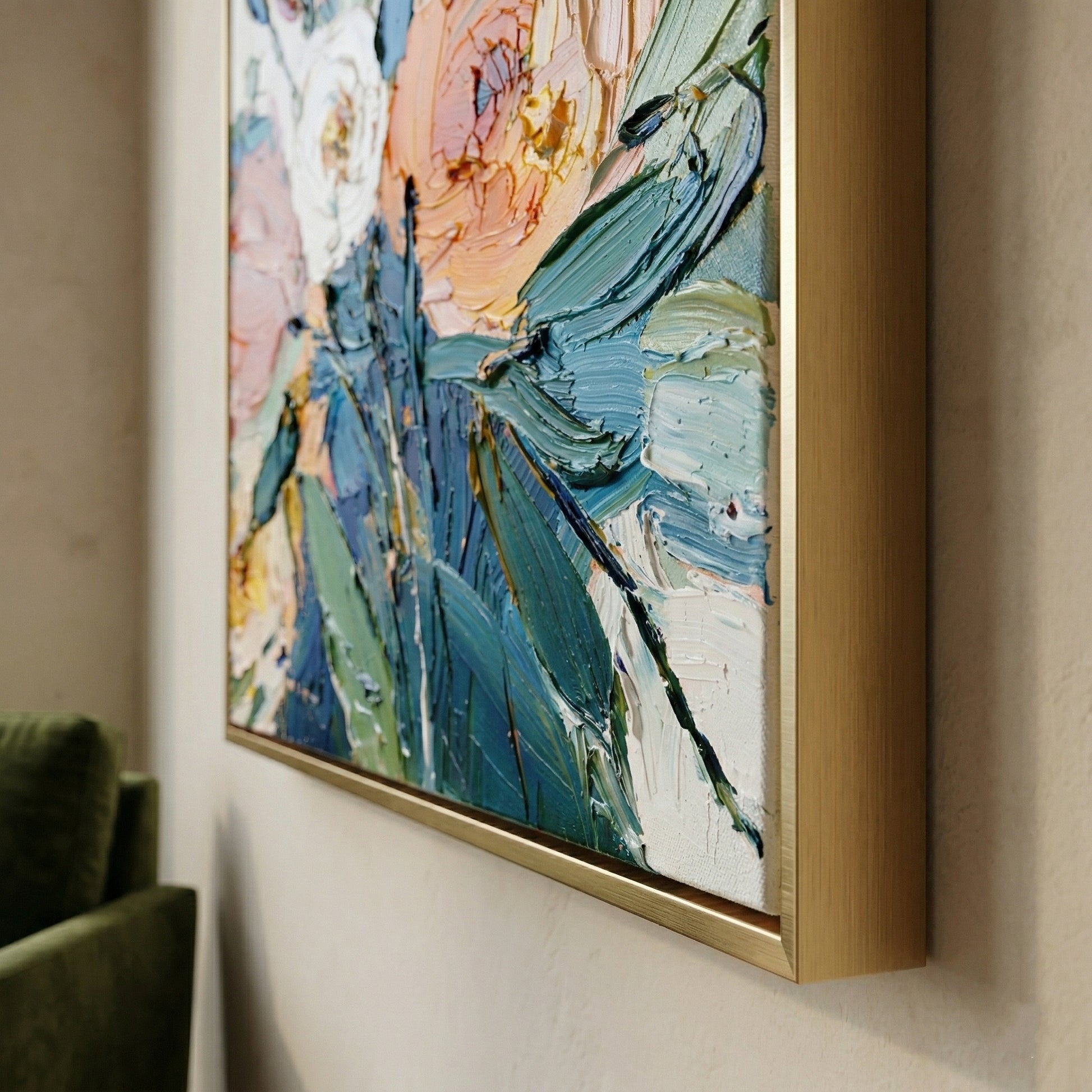 Original 3D heavy texture floral oil painting "Spring Radiance" with sculptural impasto petals in orange and pink on white background.