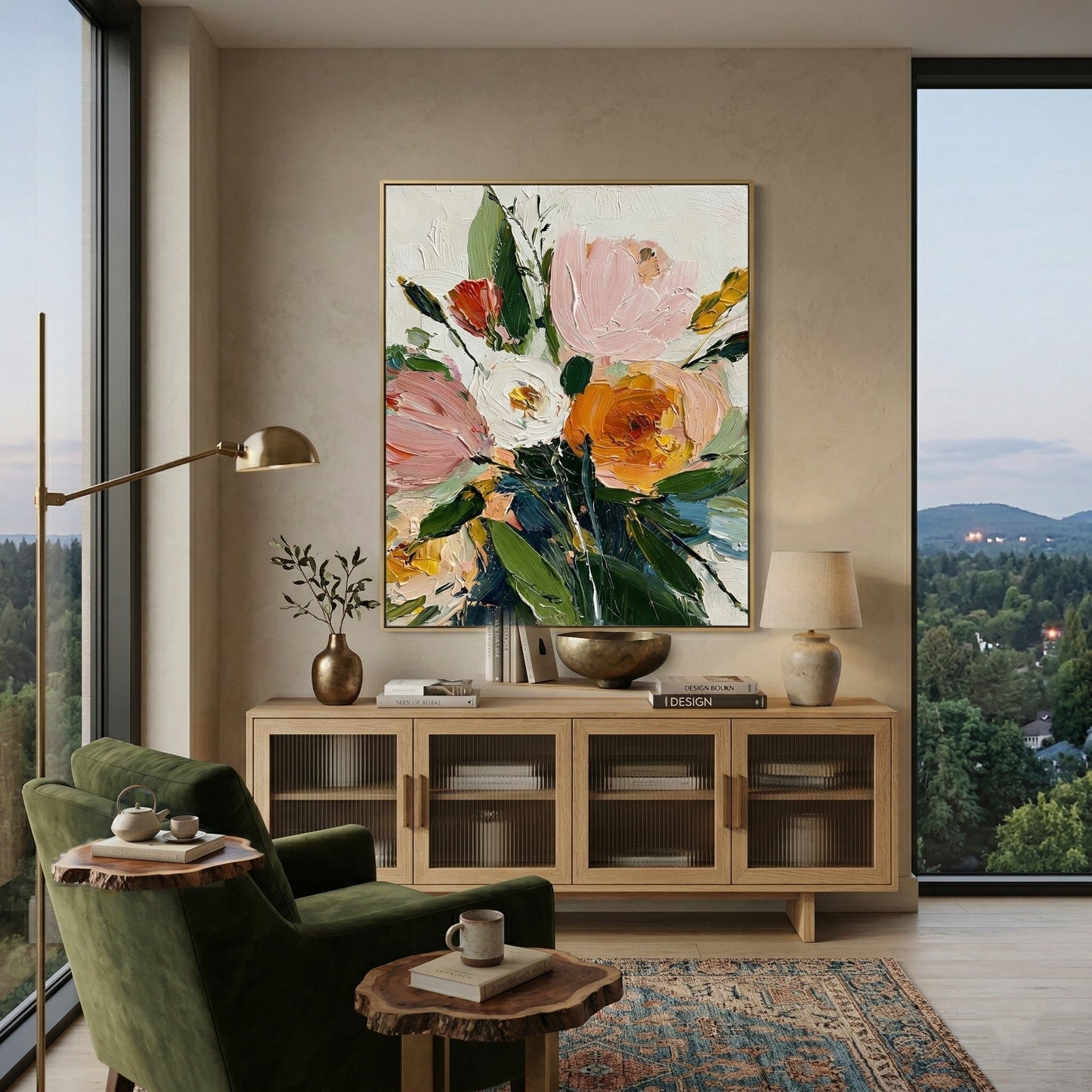 Original 3D heavy texture floral oil painting "Spring Radiance" with sculptural impasto petals in orange and pink on white background.