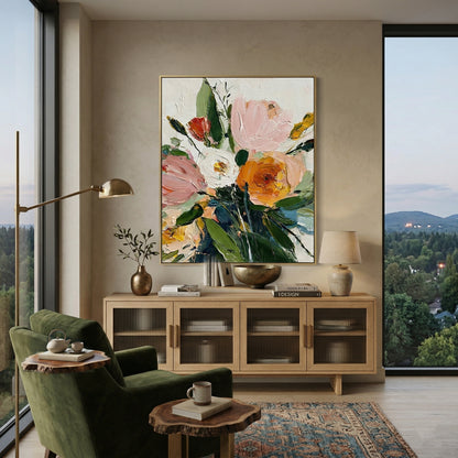 Original 3D heavy texture floral oil painting "Spring Radiance" with sculptural impasto petals in orange and pink on white background.