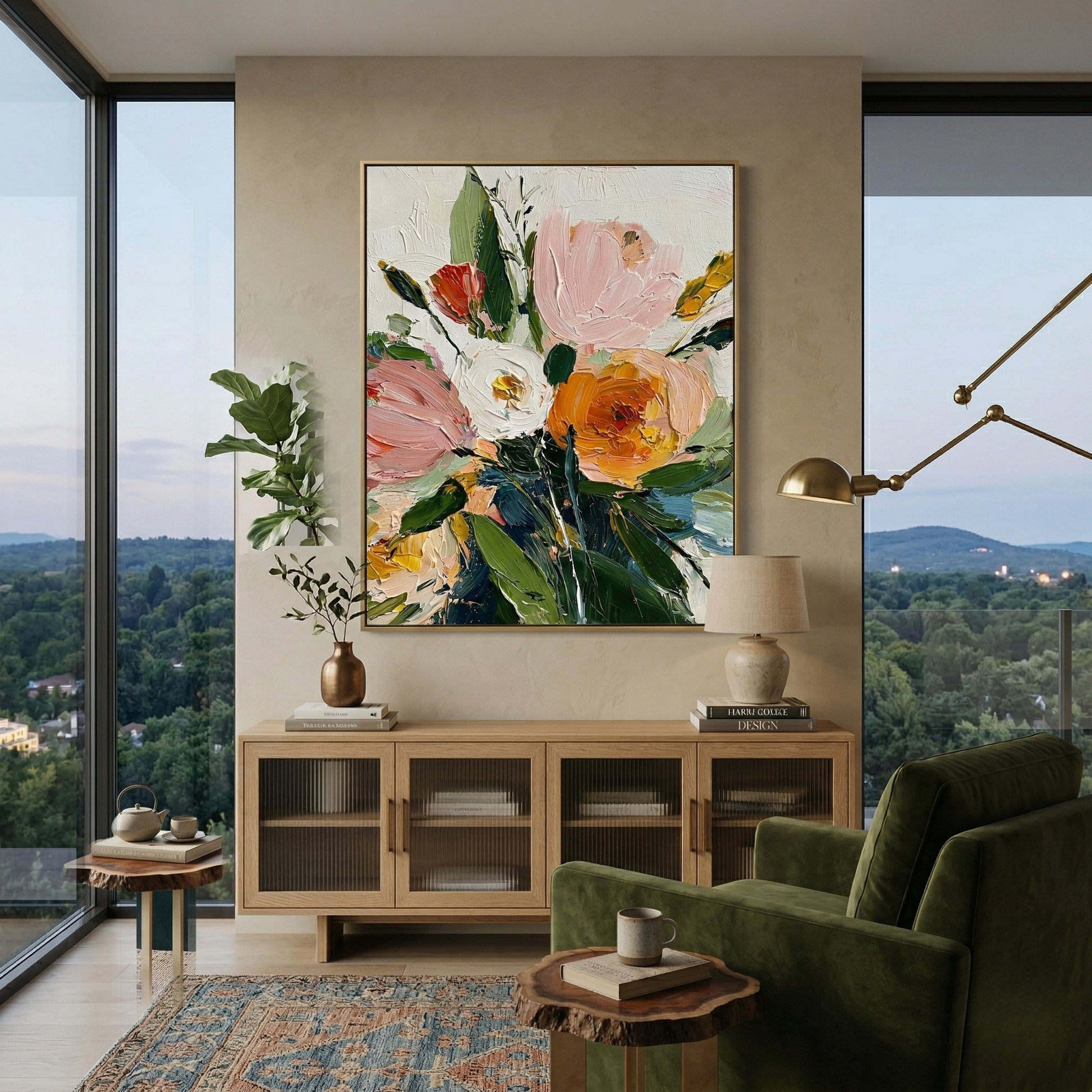 Original 3D heavy texture floral oil painting "Spring Radiance" with sculptural impasto petals in orange and pink on white background.