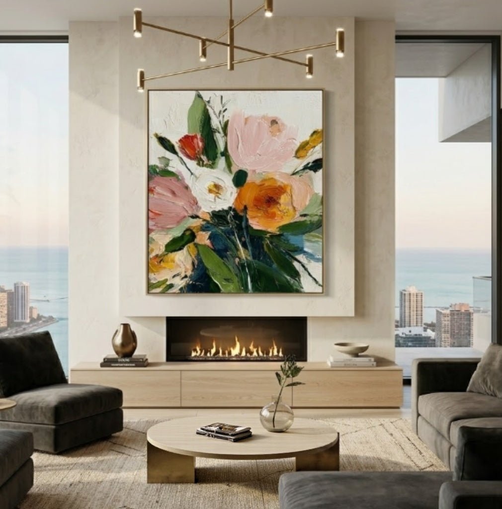 Original 3D heavy texture floral oil painting "Spring Radiance" with sculptural impasto petals in orange and pink on white background.