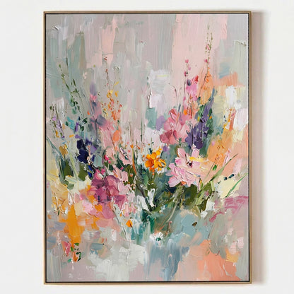 Large 3D heavy texture pink and sage green floral abstract oil painting "Pastel Meadow" with sculptural impasto petals.