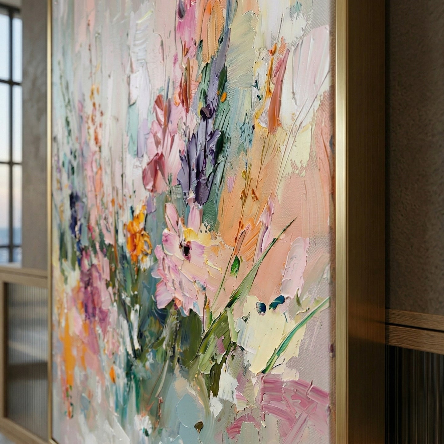 Large 3D heavy texture pink and sage green floral abstract oil painting "Pastel Meadow" with sculptural impasto petals.