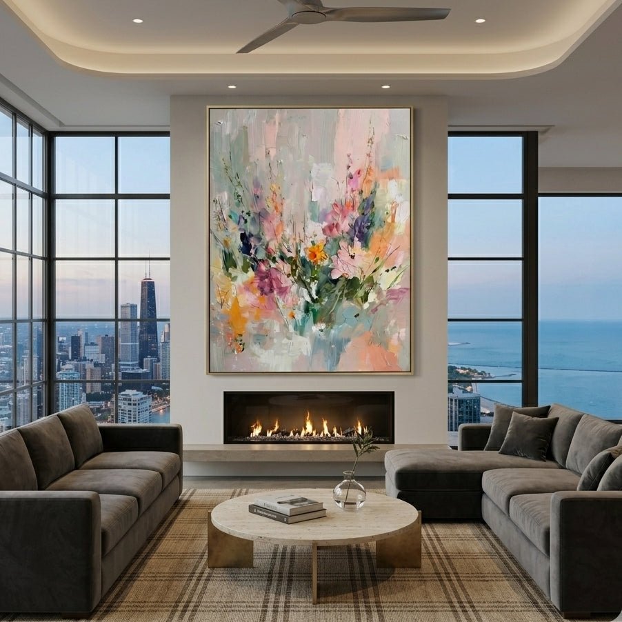 Large 3D heavy texture pink and sage green floral abstract oil painting "Pastel Meadow" with sculptural impasto petals.