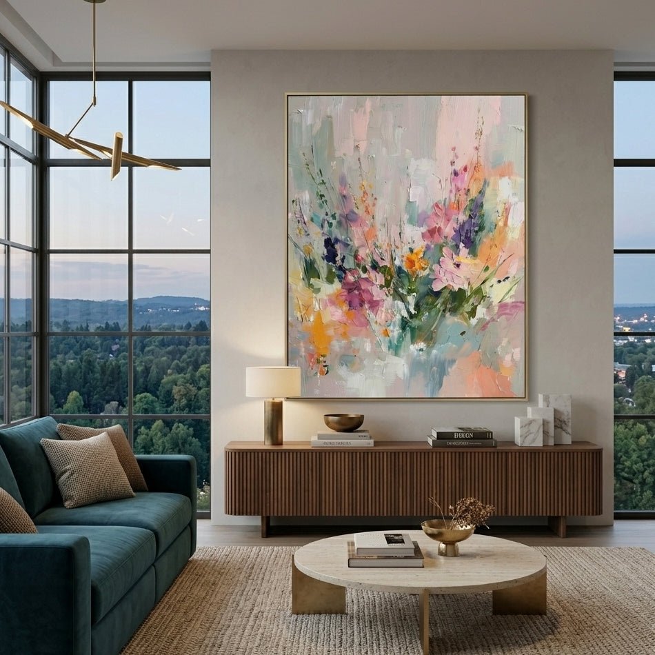 Large 3D heavy texture pink and sage green floral abstract oil painting "Pastel Meadow" with sculptural impasto petals.