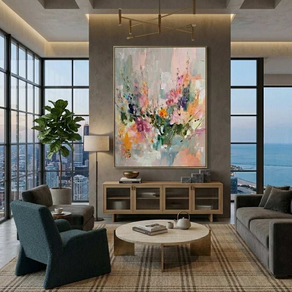 Large 3D heavy texture pink and sage green floral abstract oil painting "Pastel Meadow" with sculptural impasto petals.