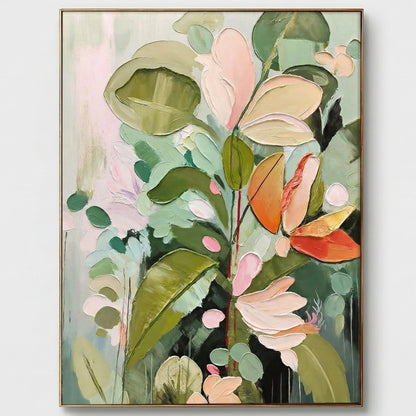Large 3D heavy texture sage green botanical oil painting "Tropical Serenity" with sculptural impasto leaves and coral pink petals.