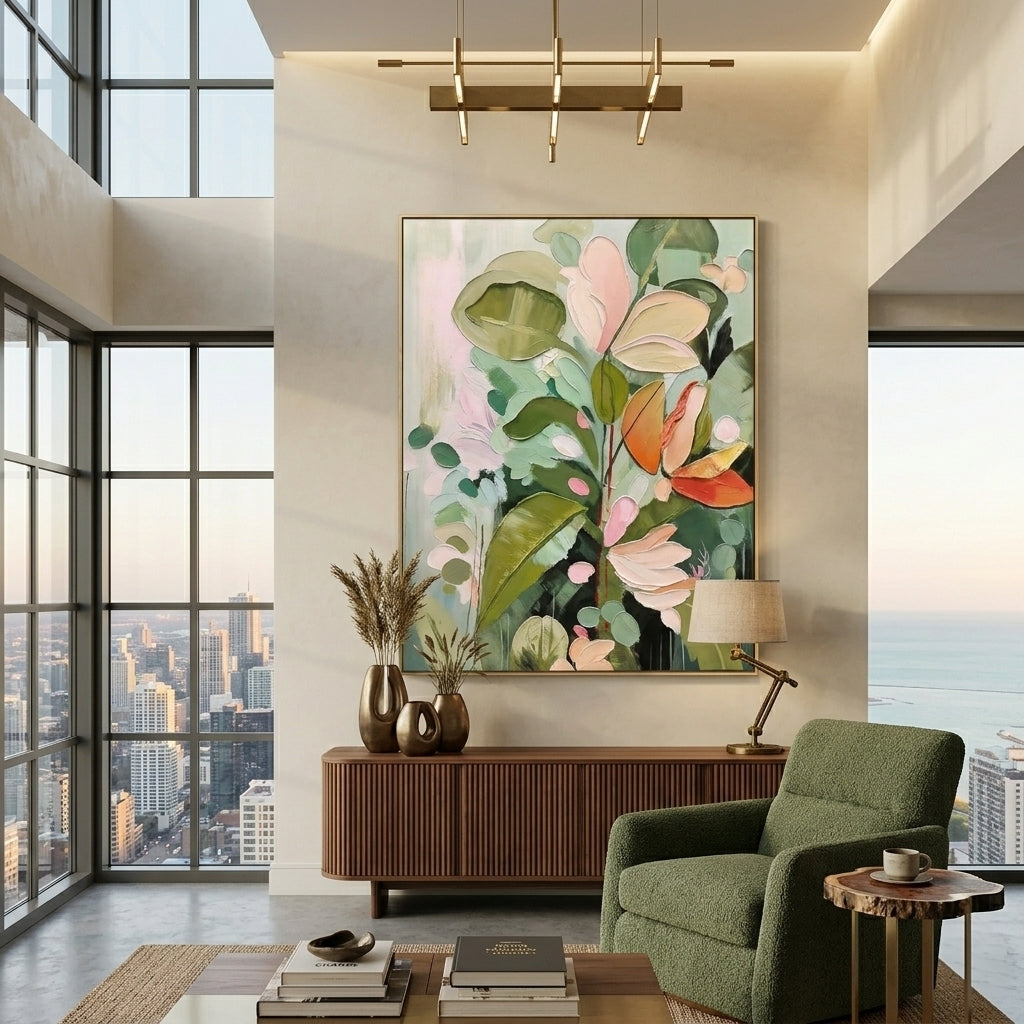 Large 3D heavy texture sage green botanical oil painting "Tropical Serenity" with sculptural impasto leaves and coral pink petals.