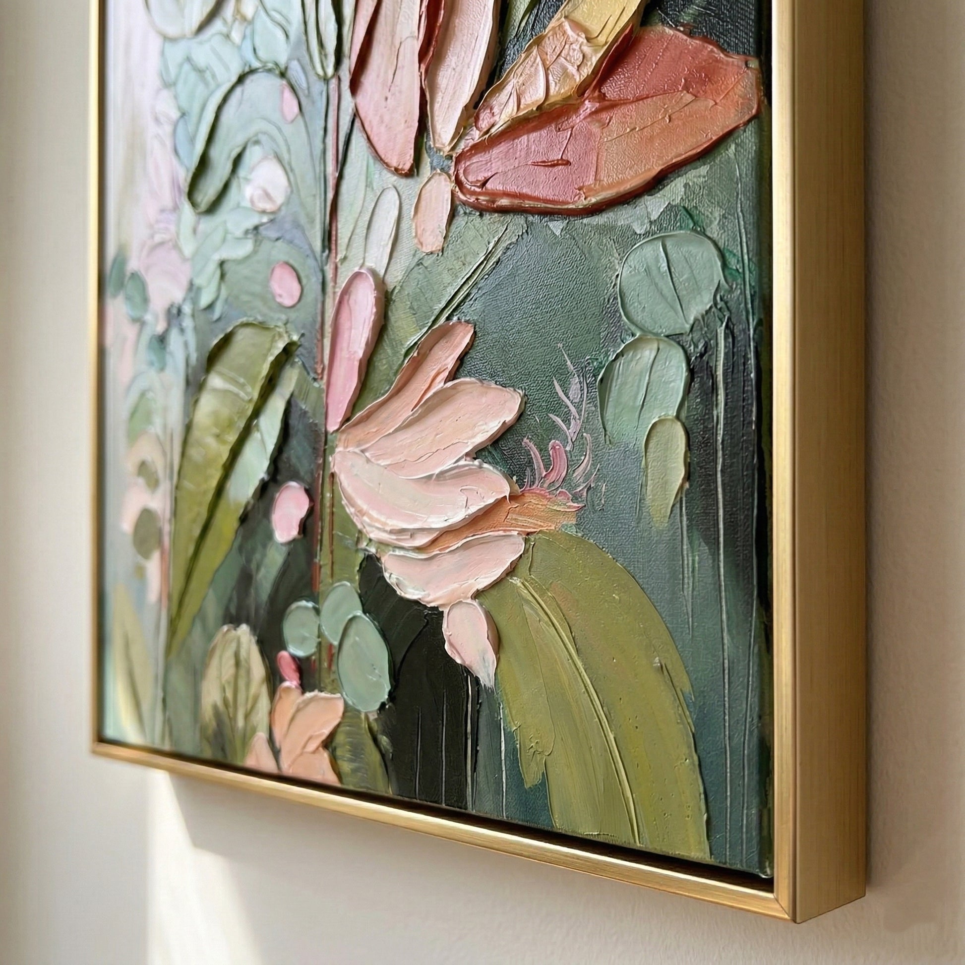 Large 3D heavy texture sage green botanical oil painting "Tropical Serenity" with sculptural impasto leaves and coral pink petals.