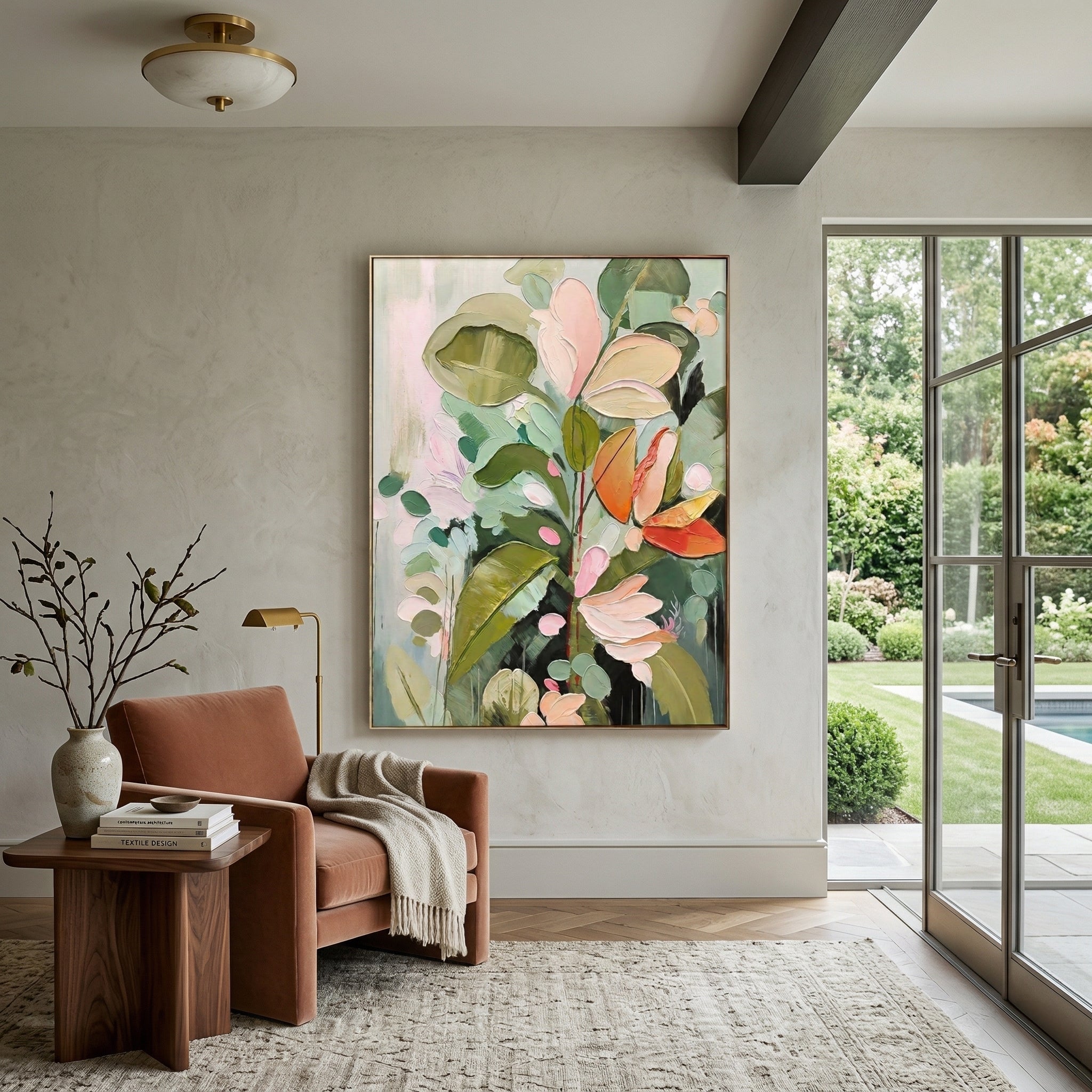 Large 3D heavy texture sage green botanical oil painting "Tropical Serenity" with sculptural impasto leaves and coral pink petals.