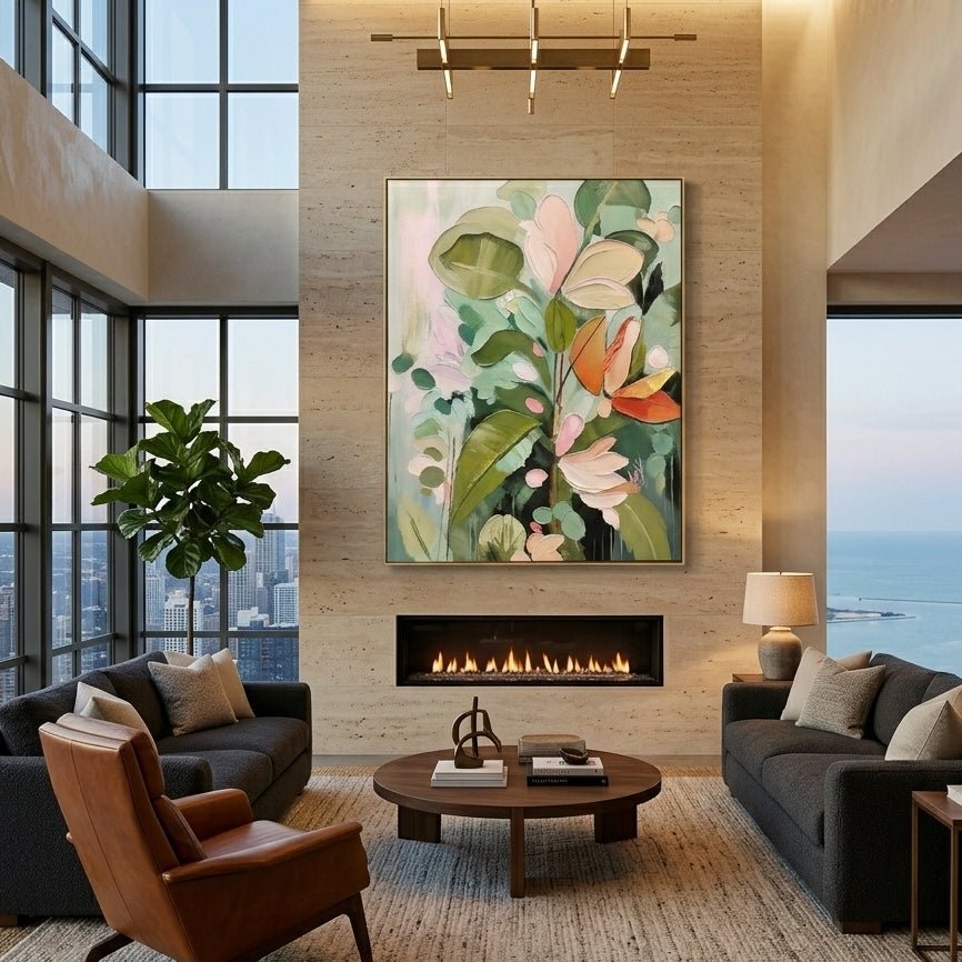 Large 3D heavy texture sage green botanical oil painting "Tropical Serenity" with sculptural impasto leaves and coral pink petals.