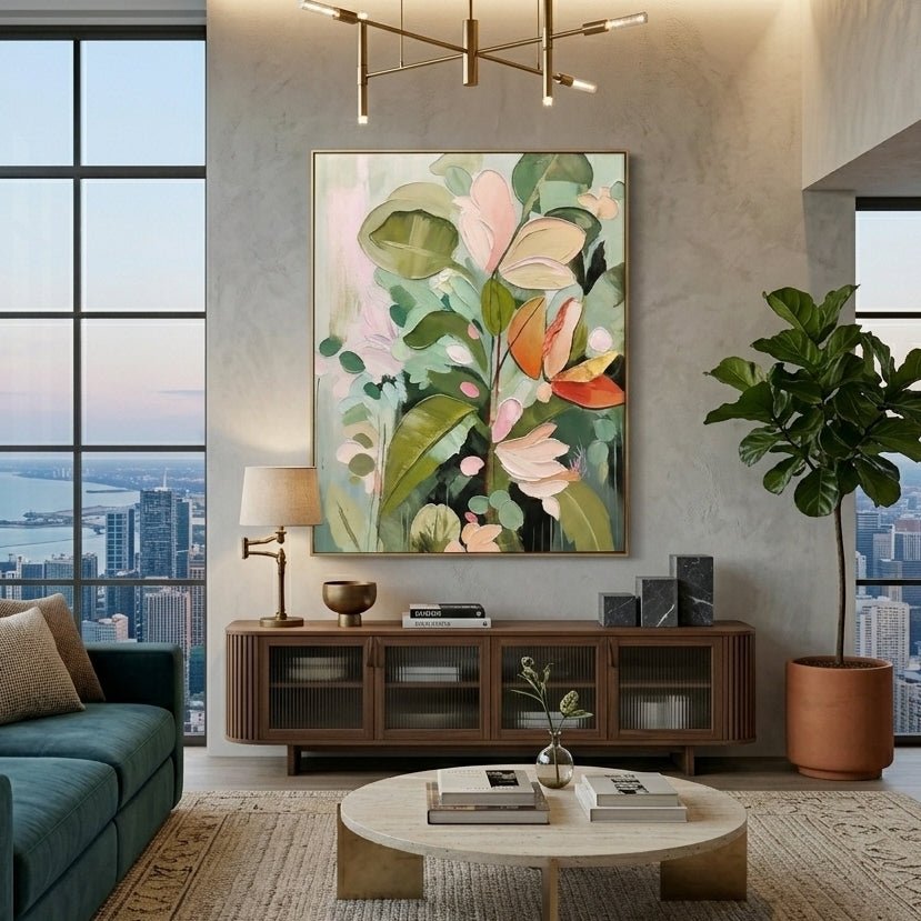 Large 3D heavy texture sage green botanical oil painting "Tropical Serenity" with sculptural impasto leaves and coral pink petals.
