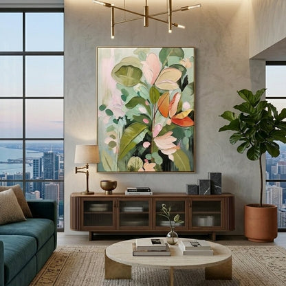 Large 3D heavy texture sage green botanical oil painting "Tropical Serenity" with sculptural impasto leaves and coral pink petals.