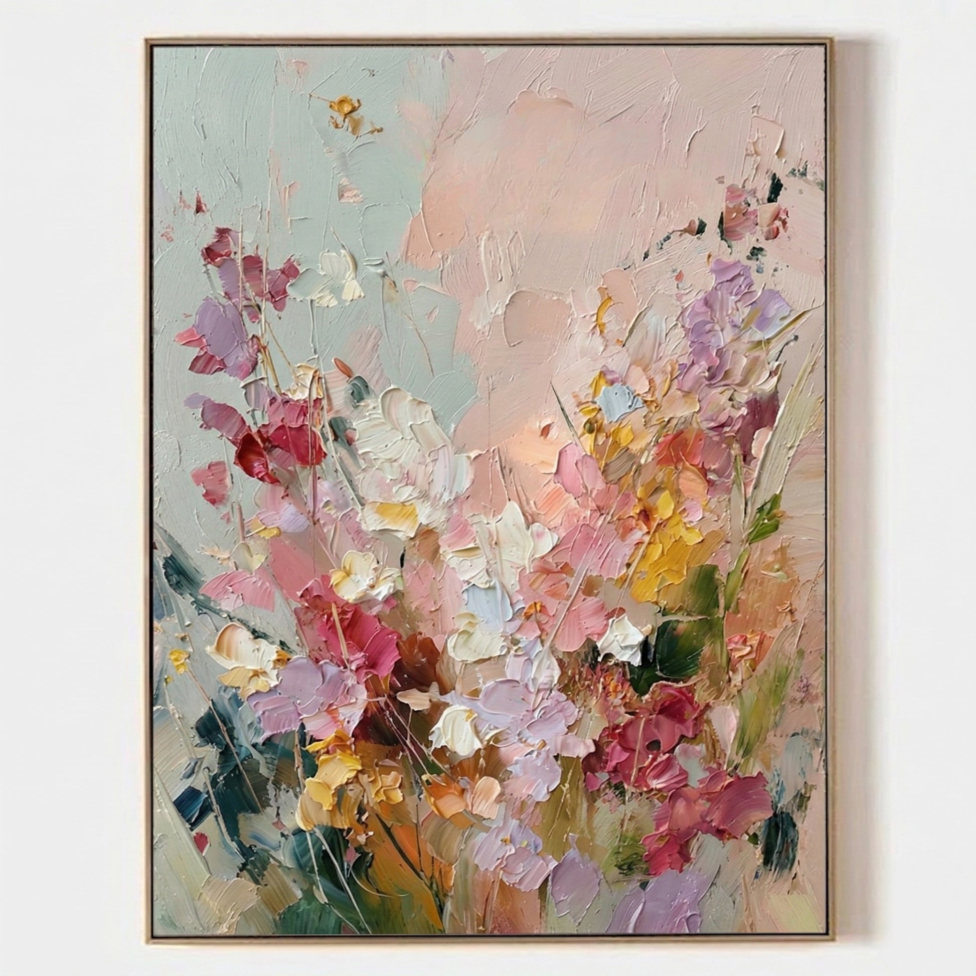 Large 3D heavy texture pink and lavender floral abstract oil painting "Blush Reverie" with sculptural impasto petals on a soft mint grey background.