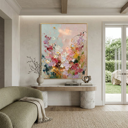 Large 3D heavy texture pink and lavender floral abstract oil painting "Blush Reverie" with sculptural impasto petals on a soft mint grey background.