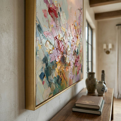 Large 3D heavy texture pink and lavender floral abstract oil painting "Blush Reverie" with sculptural impasto petals on a soft mint grey background.