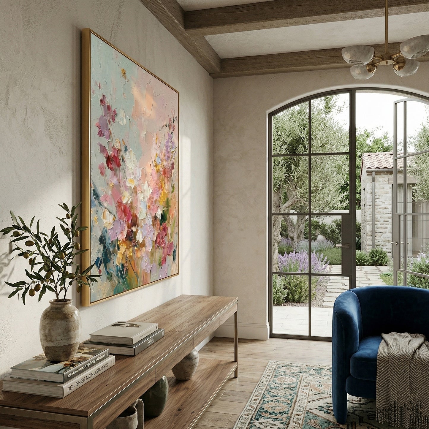 Large 3D heavy texture pink and lavender floral abstract oil painting "Blush Reverie" with sculptural impasto petals on a soft mint grey background.