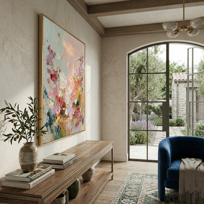 Large 3D heavy texture pink and lavender floral abstract oil painting "Blush Reverie" with sculptural impasto petals on a soft mint grey background.