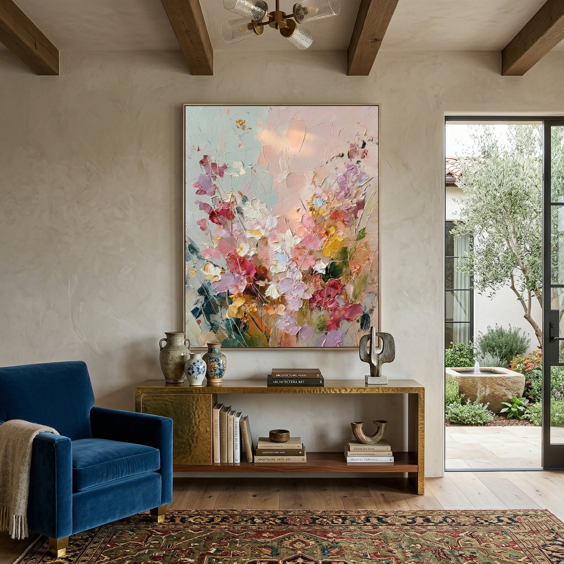 Large 3D heavy texture pink and lavender floral abstract oil painting "Blush Reverie" with sculptural impasto petals on a soft mint grey background.