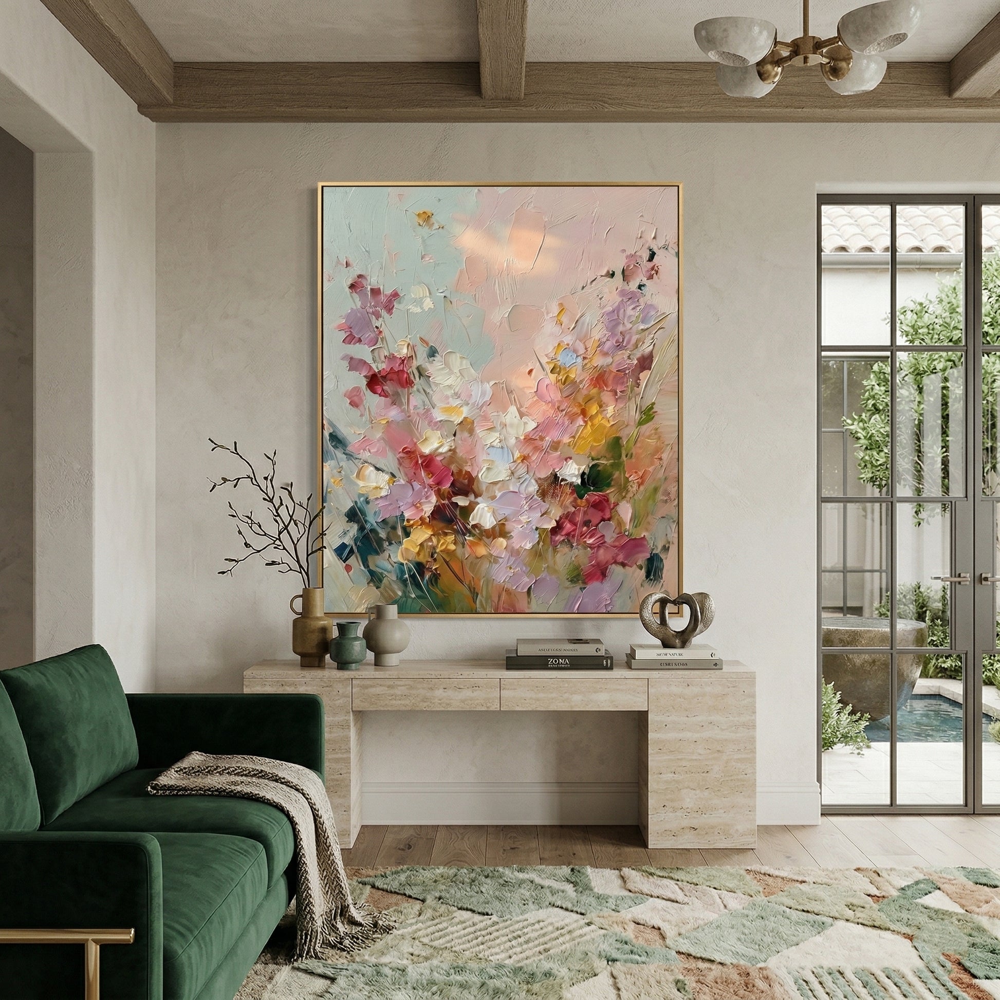 Large 3D heavy texture pink and lavender floral abstract oil painting "Blush Reverie" with sculptural impasto petals on a soft mint grey background.