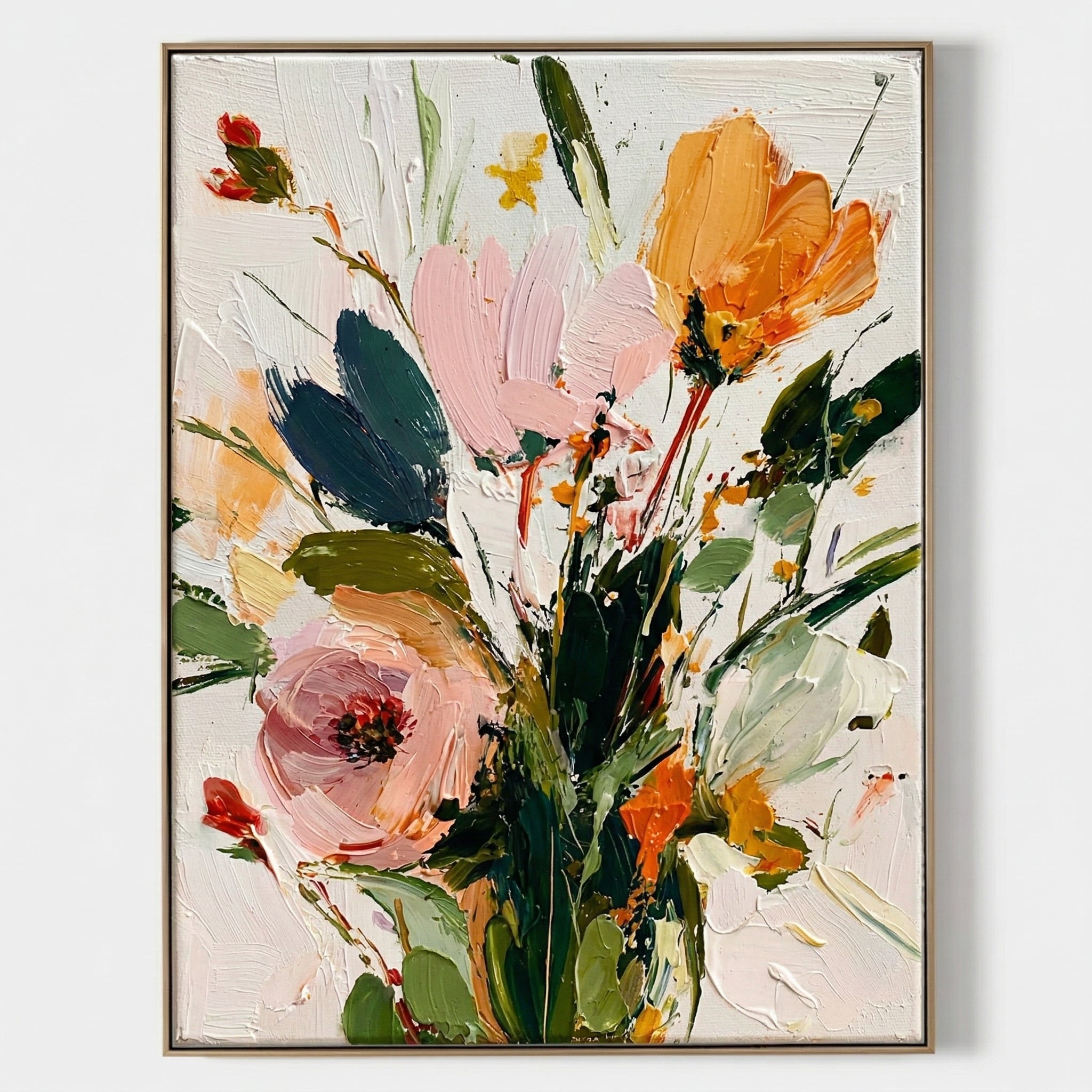 Large 3D heavy texture orange and pink floral oil painting "Amber Radiance" with sculptural impasto petals on a white background.