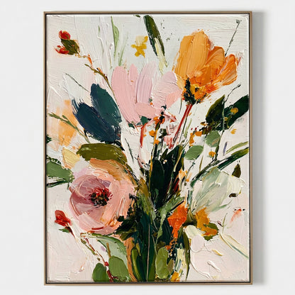 Large 3D heavy texture orange and pink floral oil painting "Amber Radiance" with sculptural impasto petals on a white background.
