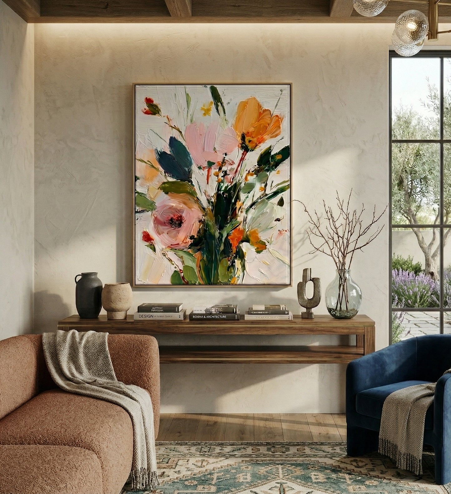 Large 3D heavy texture orange and pink floral oil painting "Amber Radiance" with sculptural impasto petals on a white background.