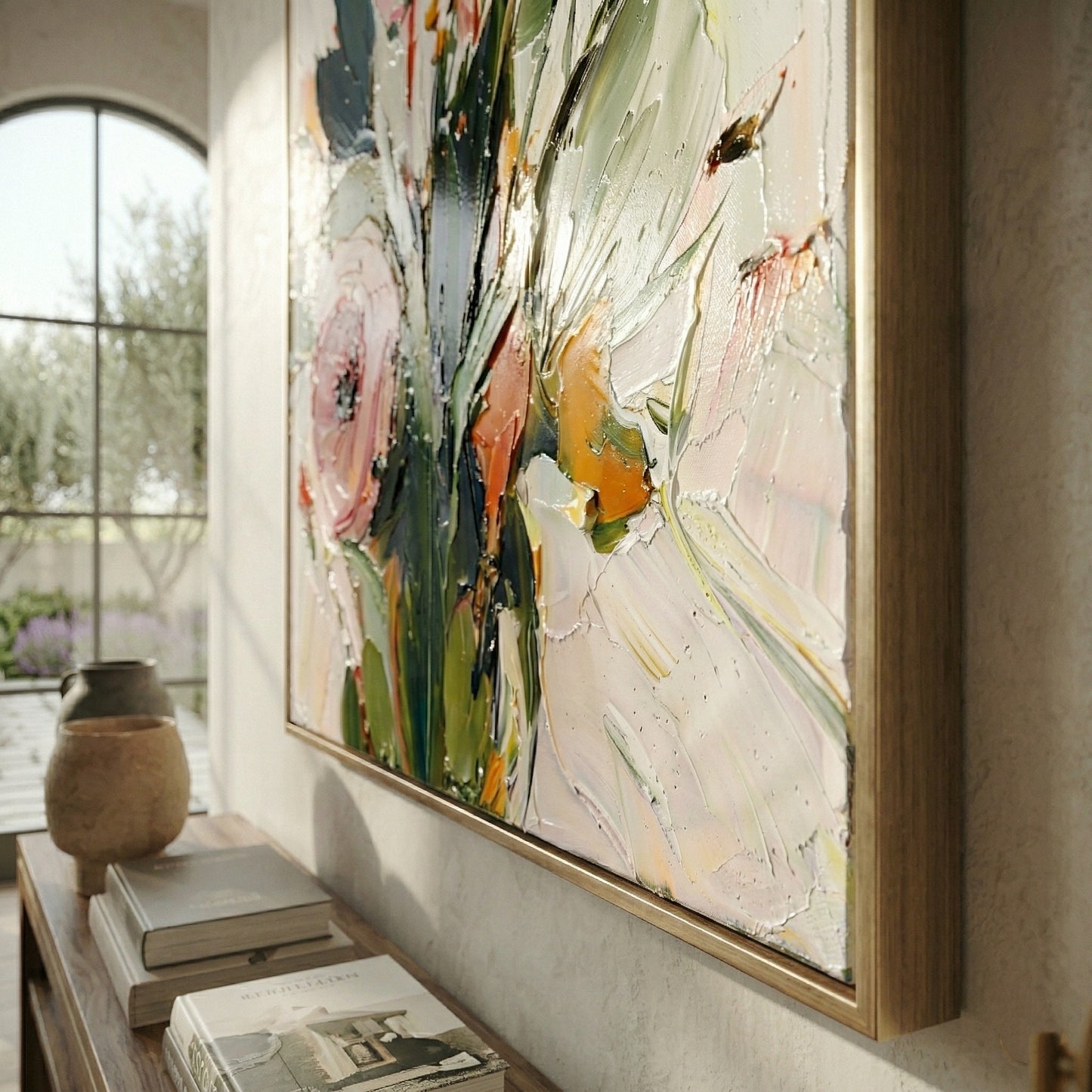 Large 3D heavy texture orange and pink floral oil painting "Amber Radiance" with sculptural impasto petals on a white background.